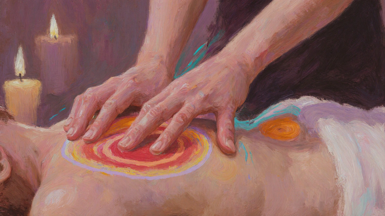 Detail ruky maséra provádějící jemné tahy, okolo se zjevují barevné čakrové záře.