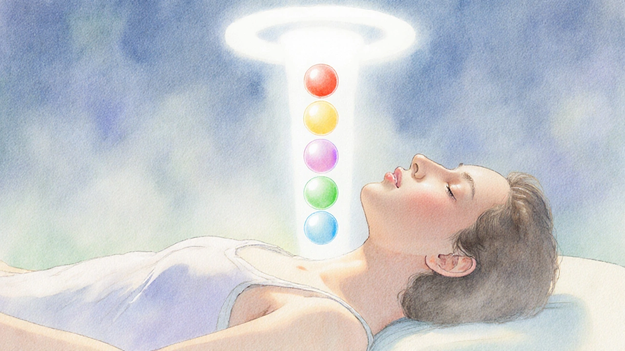 Silhueta v meditaci, bílý paprsek světla prochází sedmi barevnými čakrami podél páteře.