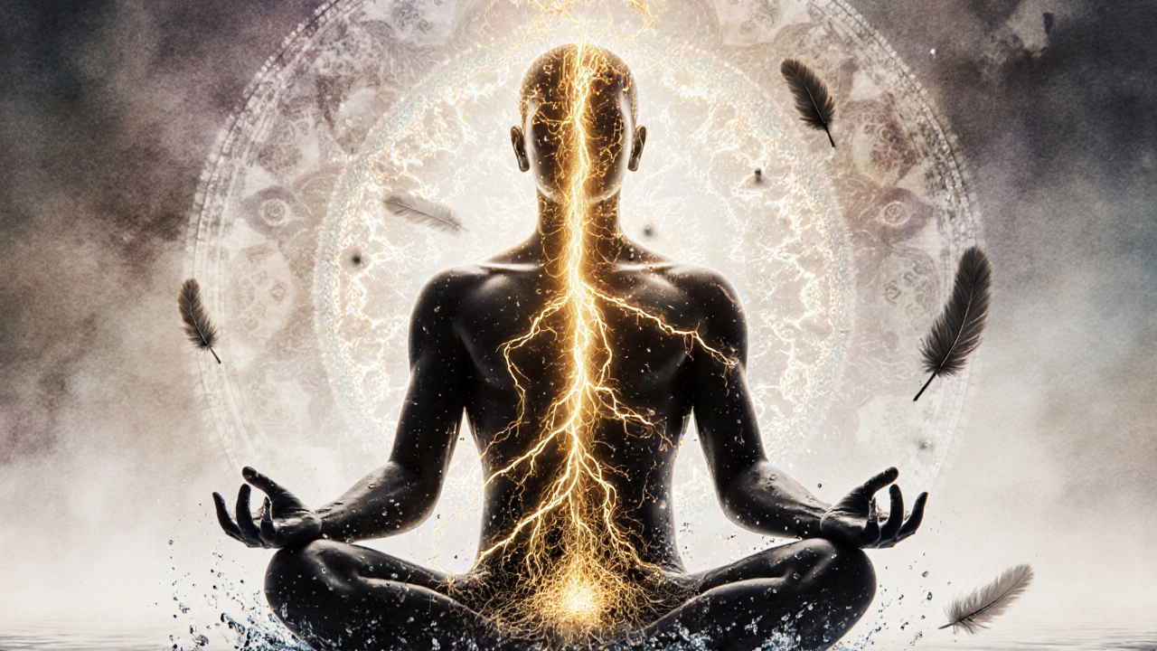 Abstraktní znázornění zlaté energie proudící z pánve nahoru tělem, symbolizující uvolnění blokád.