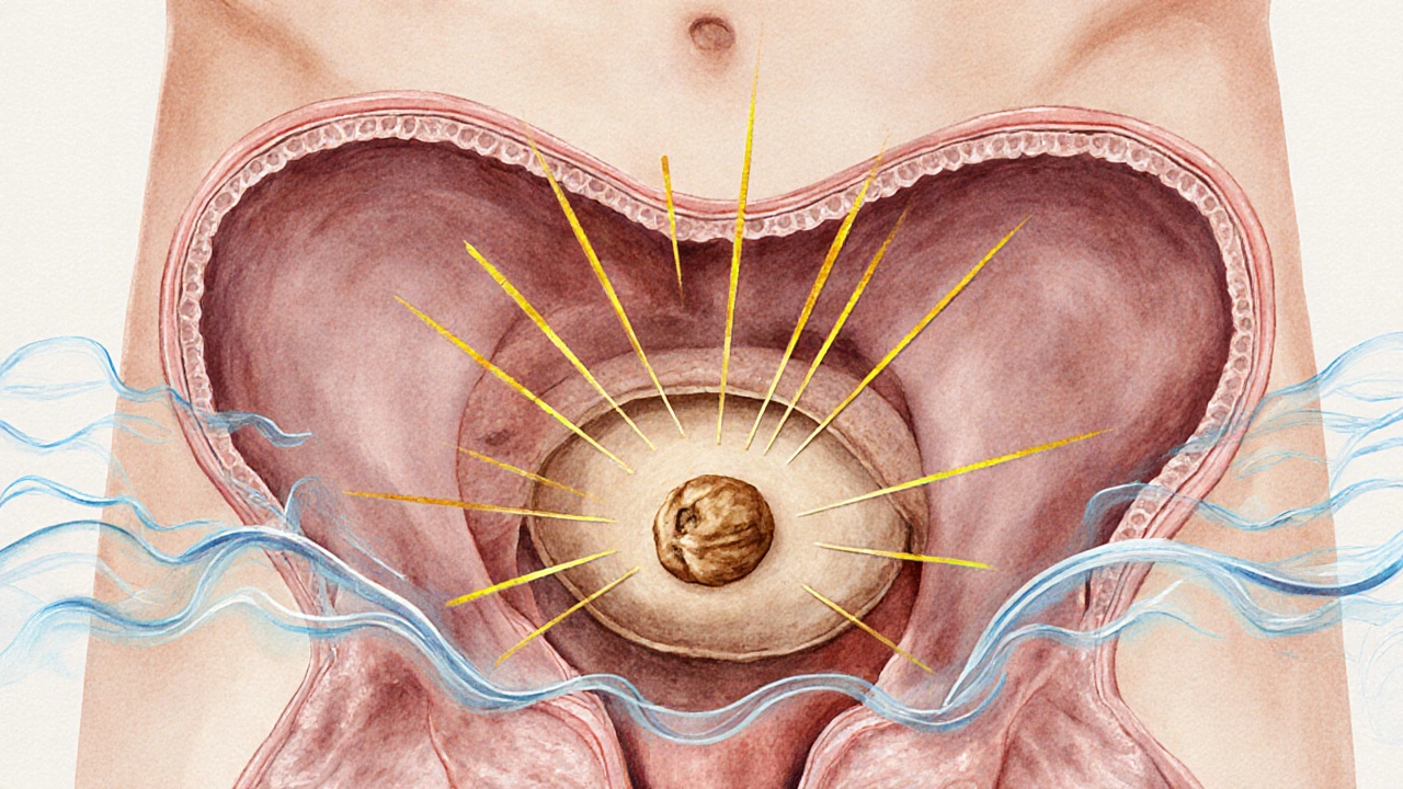 Anatomický náčrtek prostaty jako kaštanu za močovým měchýřem s proudy krve.