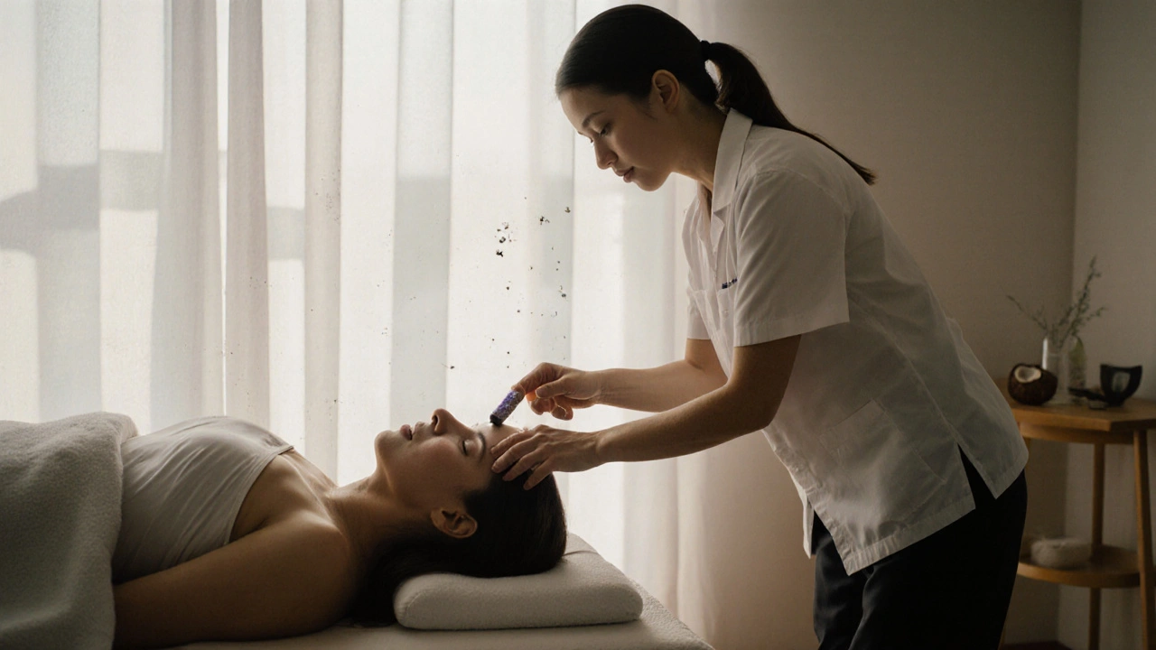 Certifikovaná terapeutka provádí jemnou vaginální masáž s olejem, zatímco klientka klidně dýchá.