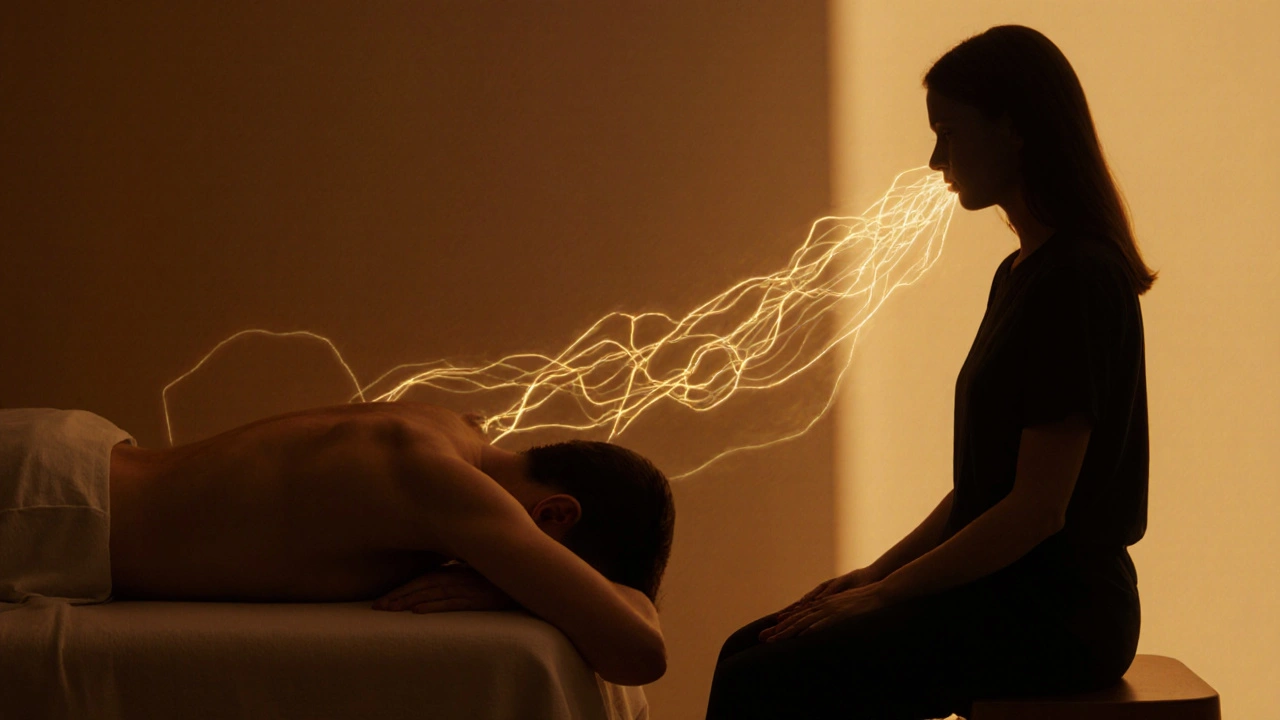 Dva lidé sedí vedle sebe, jejich dech je synchronizován, vzniká tichá, neviditelná spojení mezi nimi.