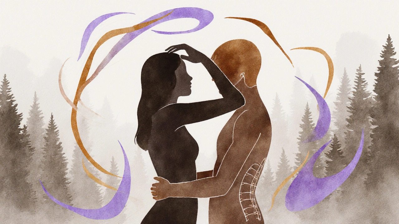 Dvě postavy v kruhu se dotýkají čela a zády, kolem nich proudí energie dechu.