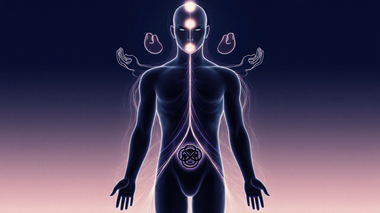 Kresba těla s proudy energie, které se uvolňují z bloků u křížové kosti a čakrá, jemně osvětlené světlem.