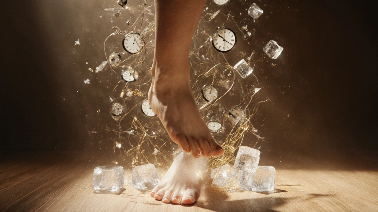 Lidská noha visí ve vzduchu, kolem ní plavou rozpadající se hodiny a krychle ledu, symbolizující uvolnění napětí.