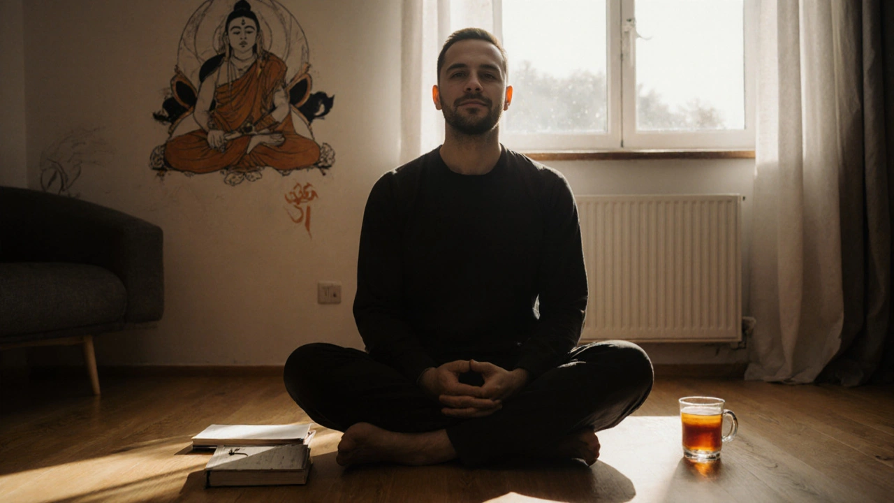 Muž medituje doma s rukama na břiše, slunce osvětluje jeho klidnou pozici a denní praxi.