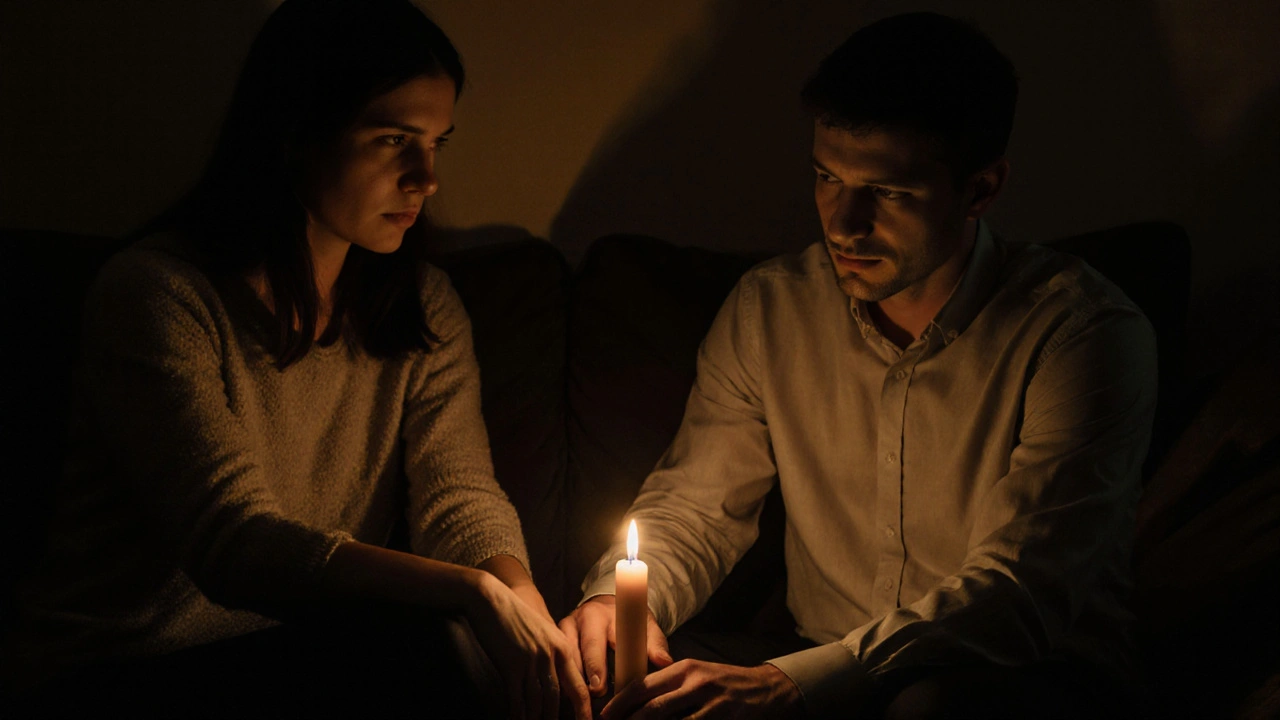 Pár sedí ticho po masáži, jedna ruka leží na koleni druhého, svíčka mezi nimi osvětluje tichou intimní chvíli.