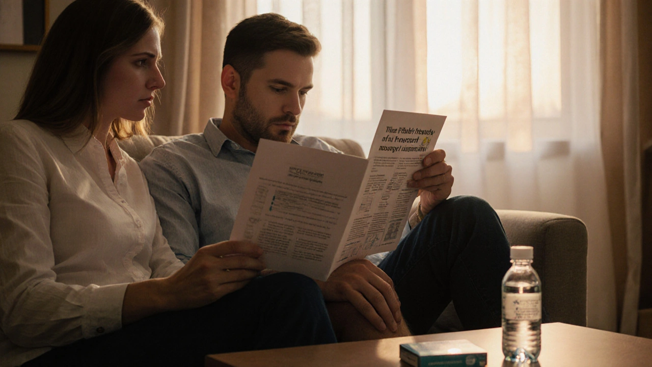 Pár společně čte pokyny pro bezpečnou masáž prostaty v klidném prostředí.