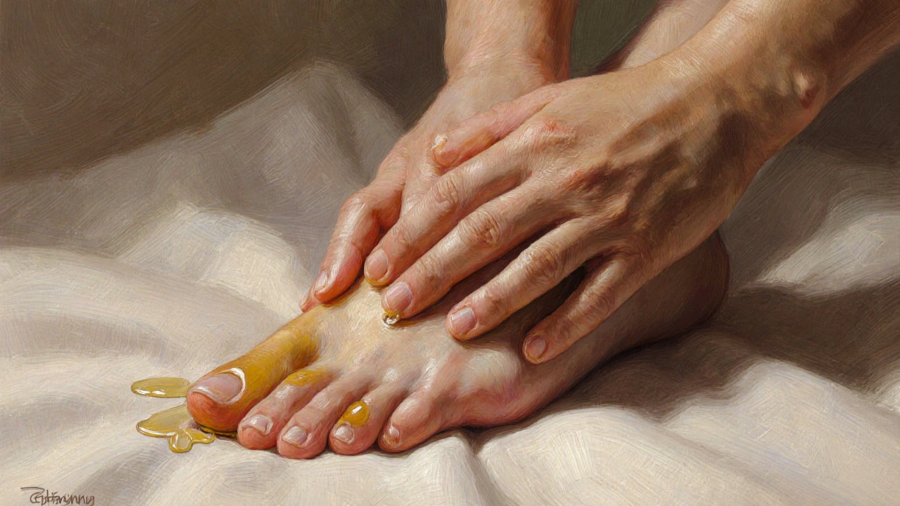 Ruce jemně masírují nohu, olej leskne kůži, jedna slza padá na plátno — klid a emocionální uvolnění.