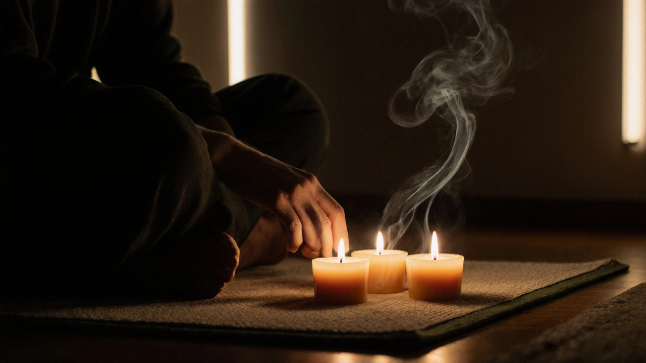 Ruka ukládá svíčky na podlahu, jejich plameny osvětlují ruce a oči v klidné tantrické atmosféře.