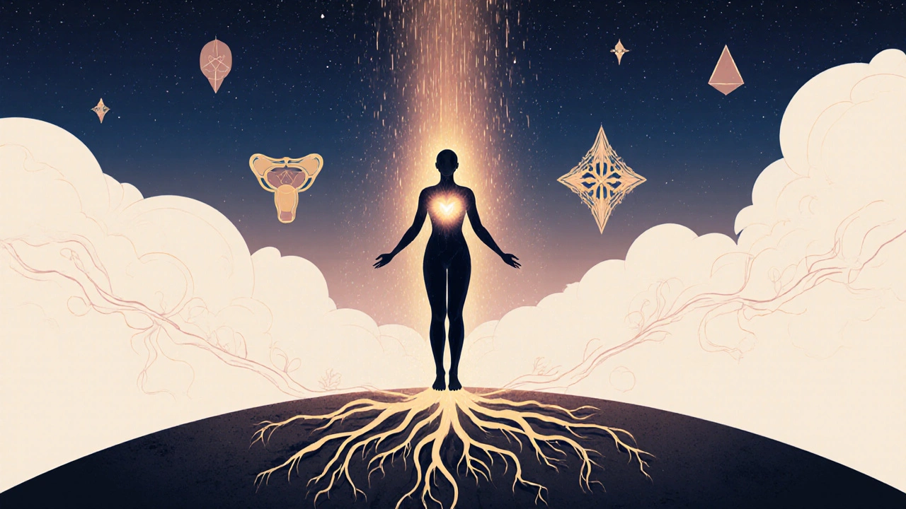 Symbolická představa ženy s energií vycházející z pánve, spojující tělo se vnitřní silou.