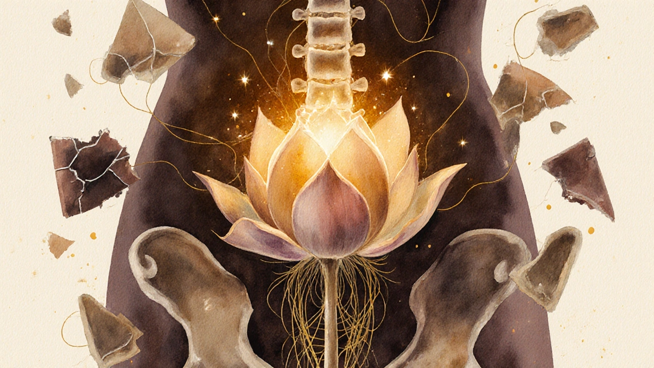 Symbolický obrázek rozvíjející se květiny z pánve, zatímco kusy brnění padají.