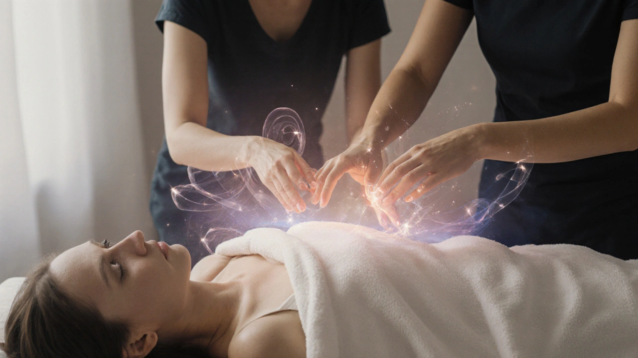 Terapeutka jemně dotýká pánve ženy, která leží v klidu, v klidném prostředí.