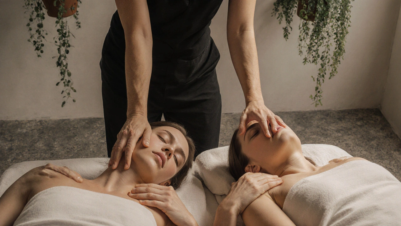 Terapeutka jemně masíruje ramena dvou partnerů současně, jejich tváře vyjádřují klid a propojení.