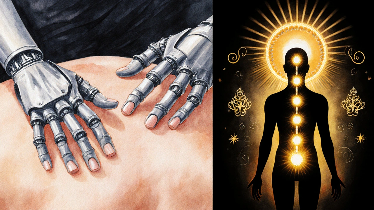 Umělecké znázornění energetického spojení při tantrické masáži, s vykreslenými čakrami a jemným zářením, nikoli fyzického kontaktu.