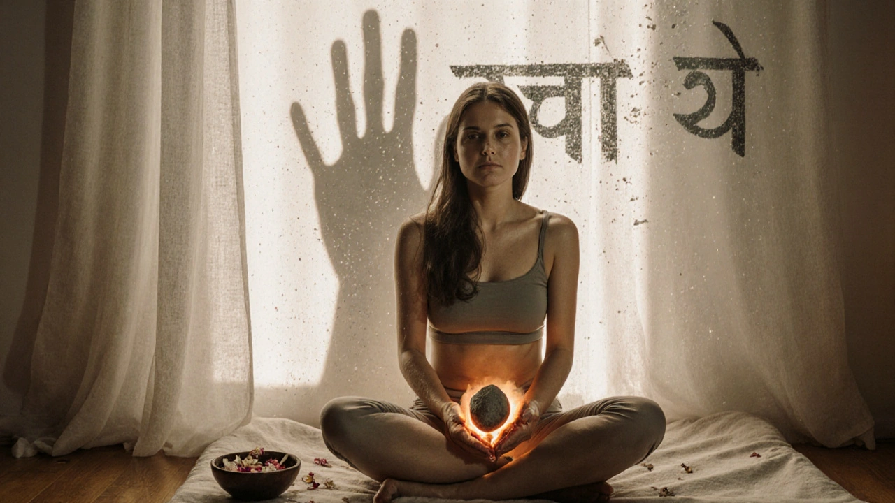 Žena sedí s očima zavřenýma, slzy na tváři, drží teplý kámen nad pánví, sluneční světlo proniká záclonami.