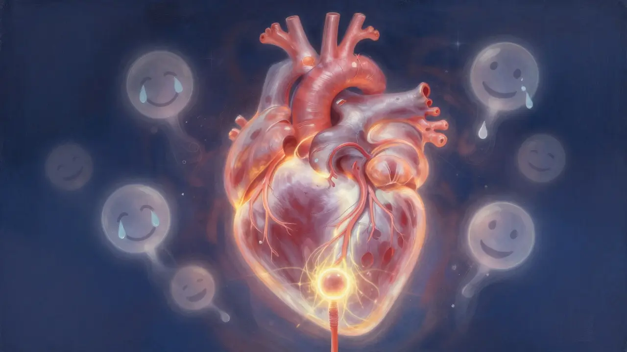 Abstraktní obrázek srdce s paprsky světla sahajícími k prostatě, symbolizující emocionální otevření.