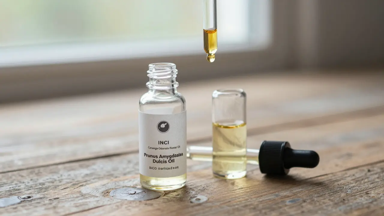 Dvě lahvičky s éterickými oleji a bio nosným olejem na dřevěné desce s kapičkou v kapalném stavu.