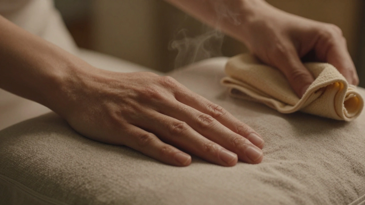 Dvě ruce provádějí jemný dotek na měkké podložce s teplým ručníkem.