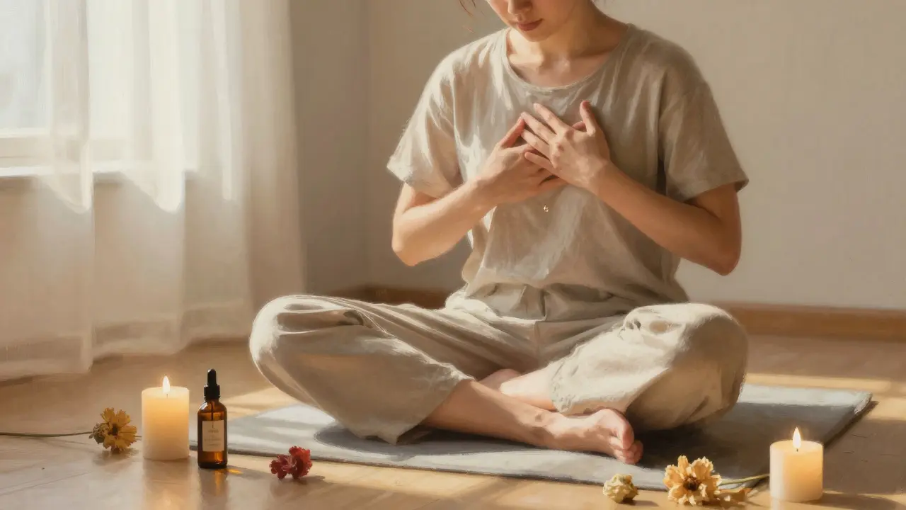 Osoba si provádí sebe-masáž v meditačním prostředí s olejem, svíčkou a sušenými květinami.