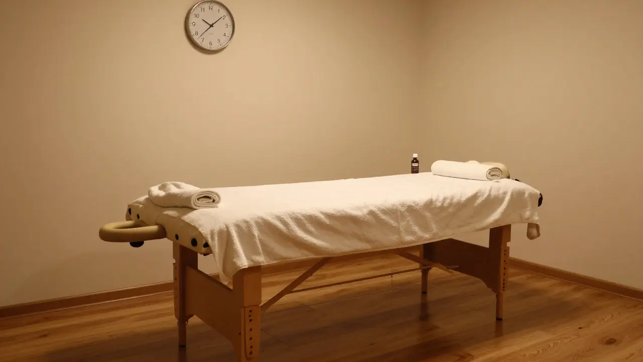 Tichá, teplá místnost pro tantrickou masáž s dřevěným podlahou a mírným osvětlením.