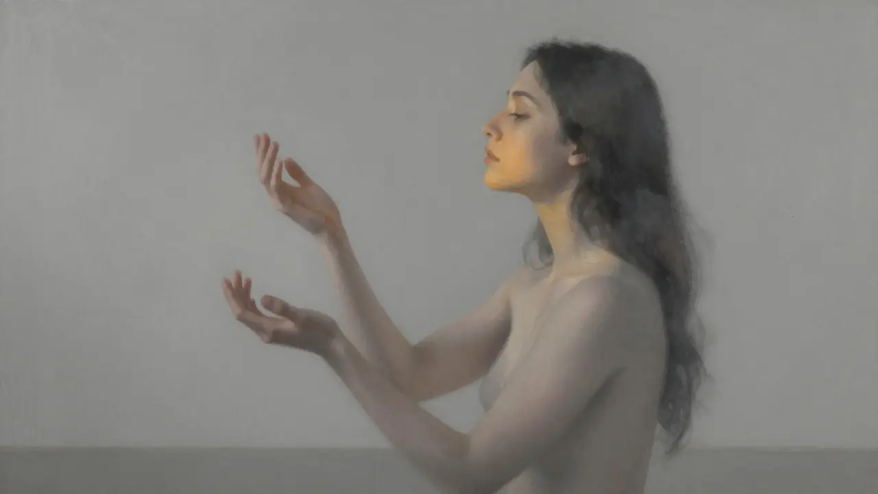 Dvě postavy se objímají v klidu, tváře spojené, žádný fyzický kontakt jen tichá přítomnost a sdílené dýchání.