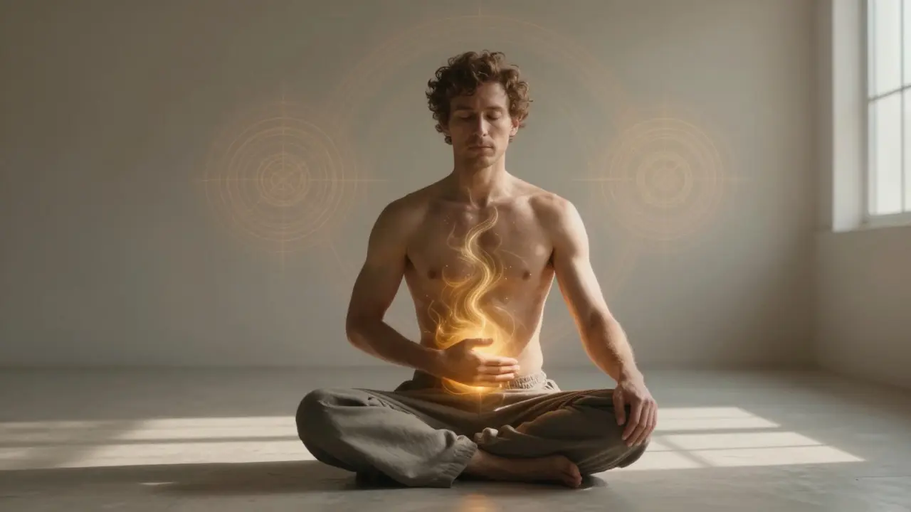 Muž v meditaci, ruka na břiše, zlatá energie se šíří tělem, kolem něj se objevují jemné mandaly.