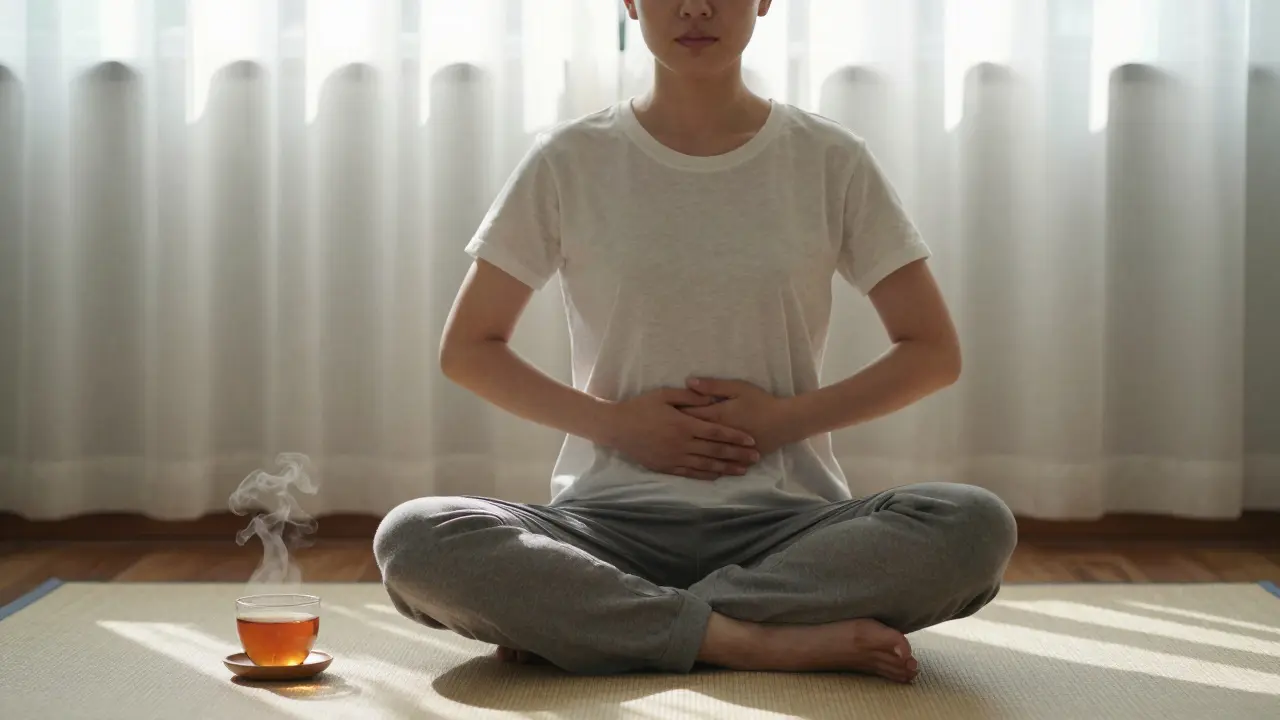 Osoba dýchá hluboce na podlaze ráno, sluneční světlo padá na její ruce a šálek s bylinným čajem vedle.