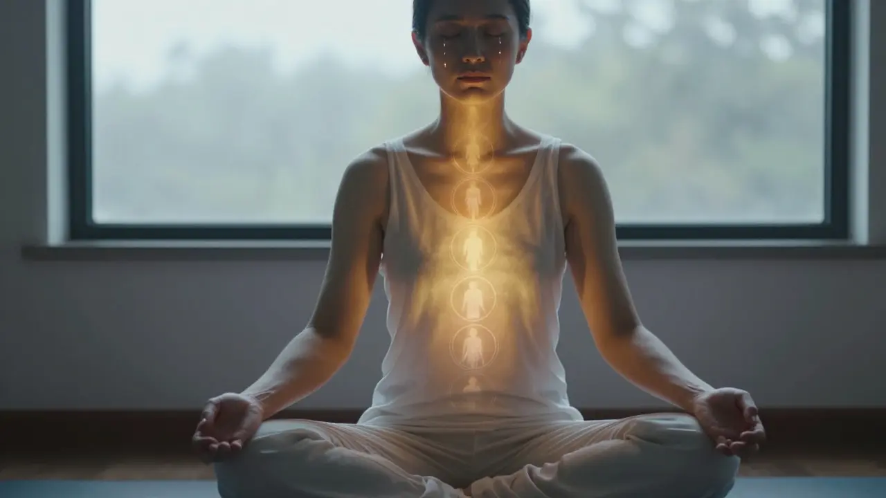 Osoba po masáži sedí v meditaci, oči zavřené, s jemným zářením kolem těla a jednou slzou na tváři.