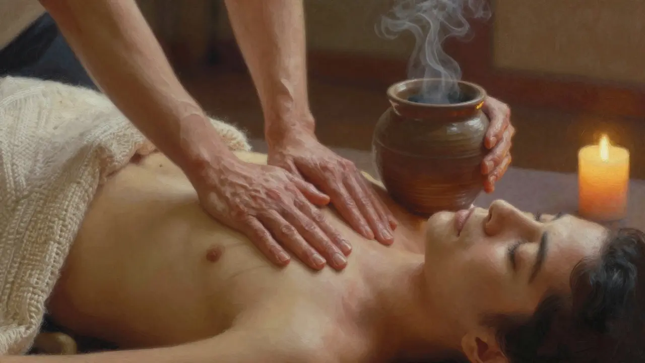 Ruce provádějí tantrickou masáž na zádech s teplým kompresním nástrojem, klidný výraz tváře a mírné osvětlení.