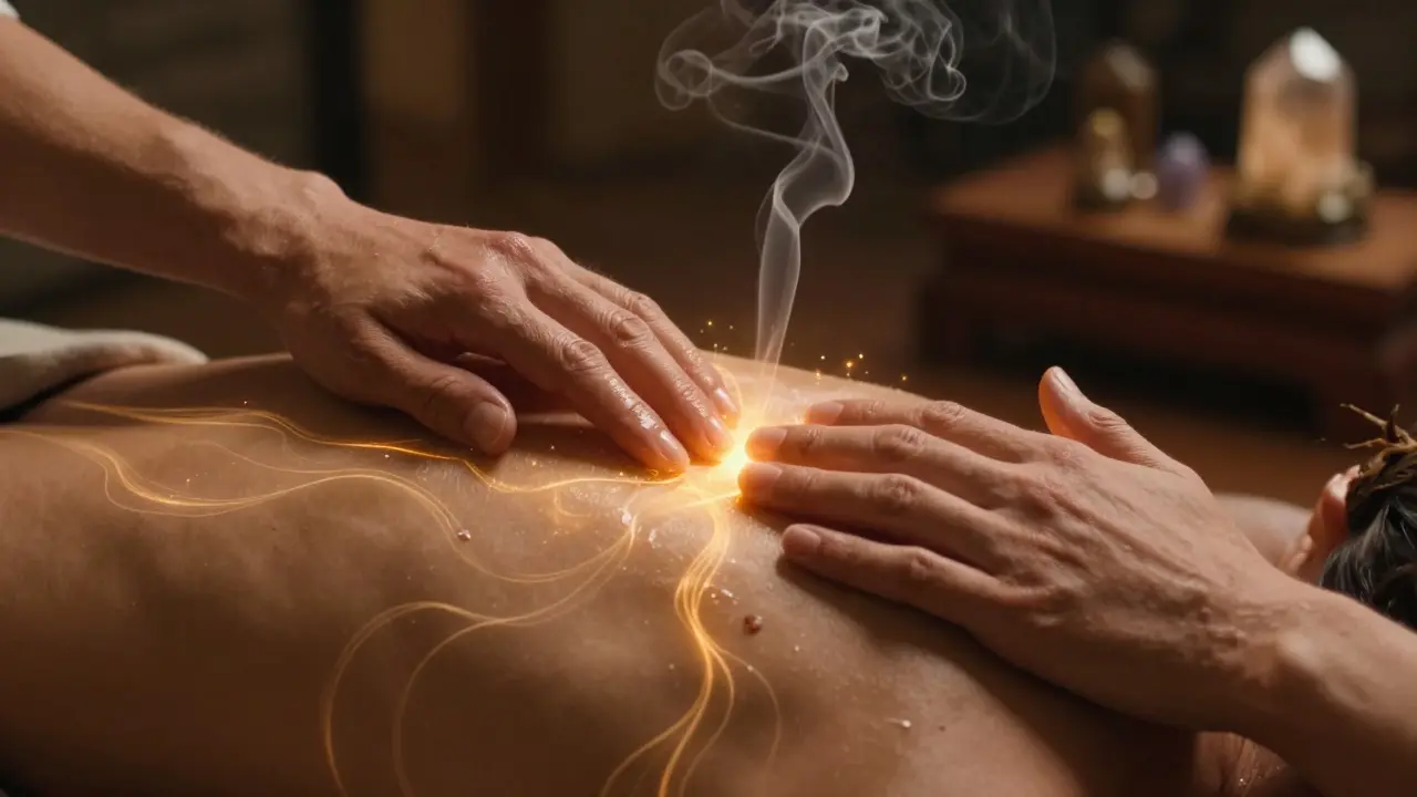 Ruce terapeuty jemně sledují páteř s plynulými pohyby a jemnými zářícími energiemi.