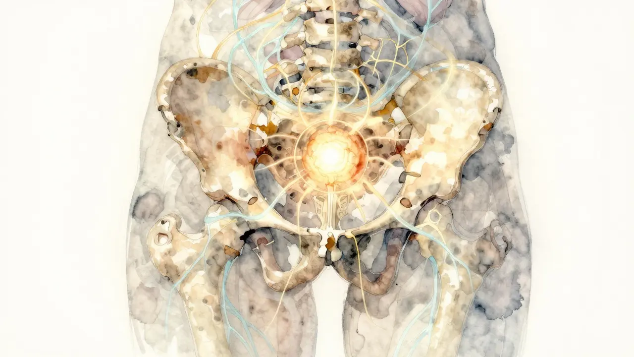 Abstraktní znázornění prostaty jako zářícího centra energie v pánvi.