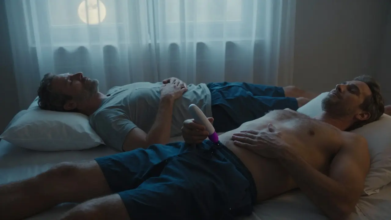 Dva muži klidně leží a praktikují perineální stimulaci při měsíčním světle.