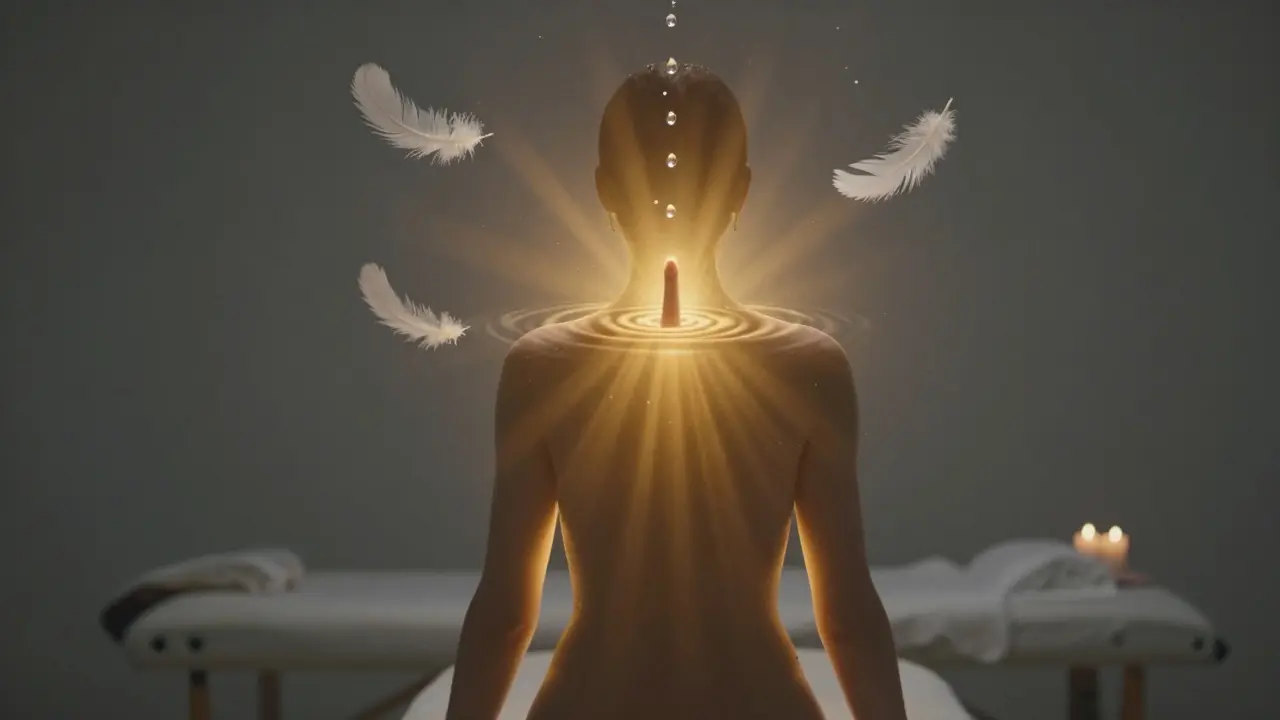 Lidský obraz s zlatými vlnami z kůže, symbolizující probuzení tělesného vědomí.