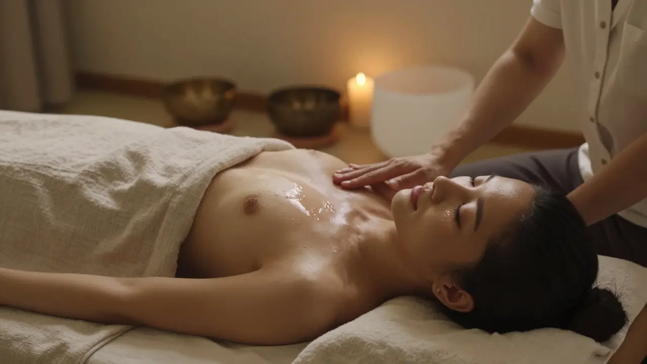 Osoba leží na masážním stole s očima zavřenými, praktikující sedí vedle a dotýká se jemně perinea v klidném prostředí.