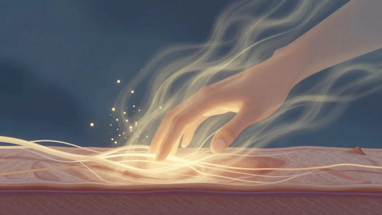 Vnitřní nervy v kůži reagují na pomalý dotek, znázorněny jako světelné vlákna.