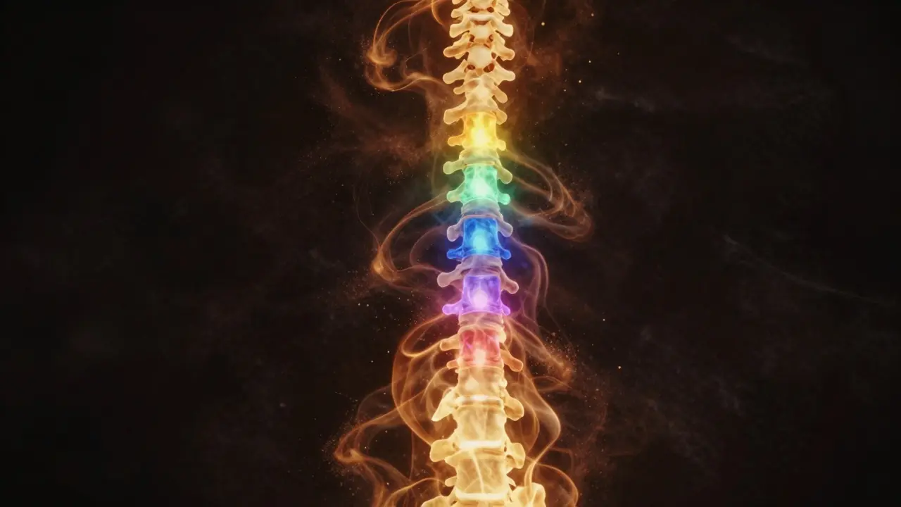 Zářící cesta energie vystupující podél páteře, procházející šesti svítícími čakrami od křížové kosti k temeni.