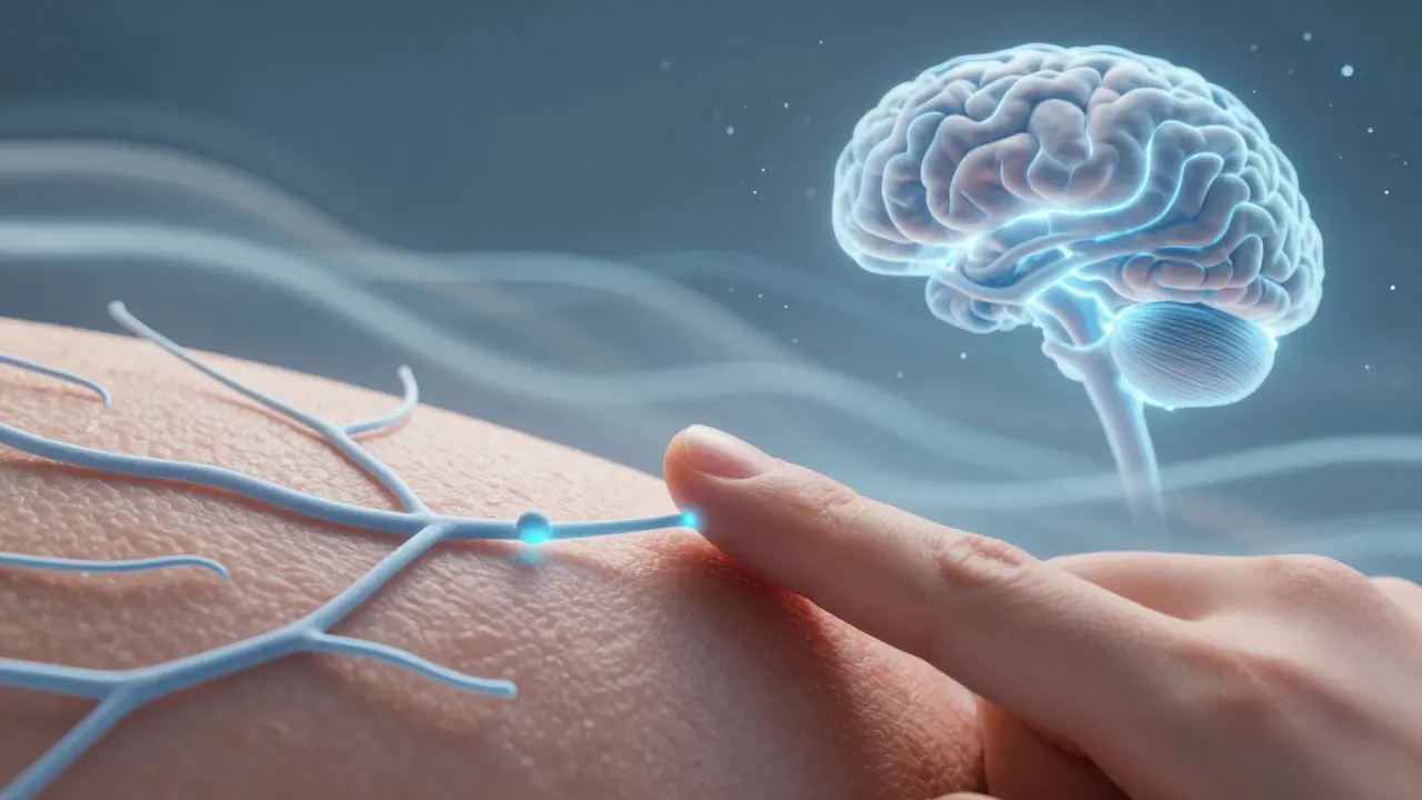 Zvětšený pohled na nervová vlákna v kůži reagující na pomalý dotek, spojená s mozkem.