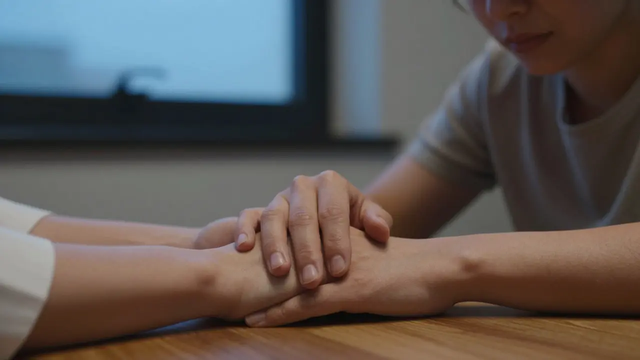 Dvě ruce se dotýkají rukou na stole, klient pláče v klidu — moment hluboké emocionální uvolněnosti bez fyzického styku.
