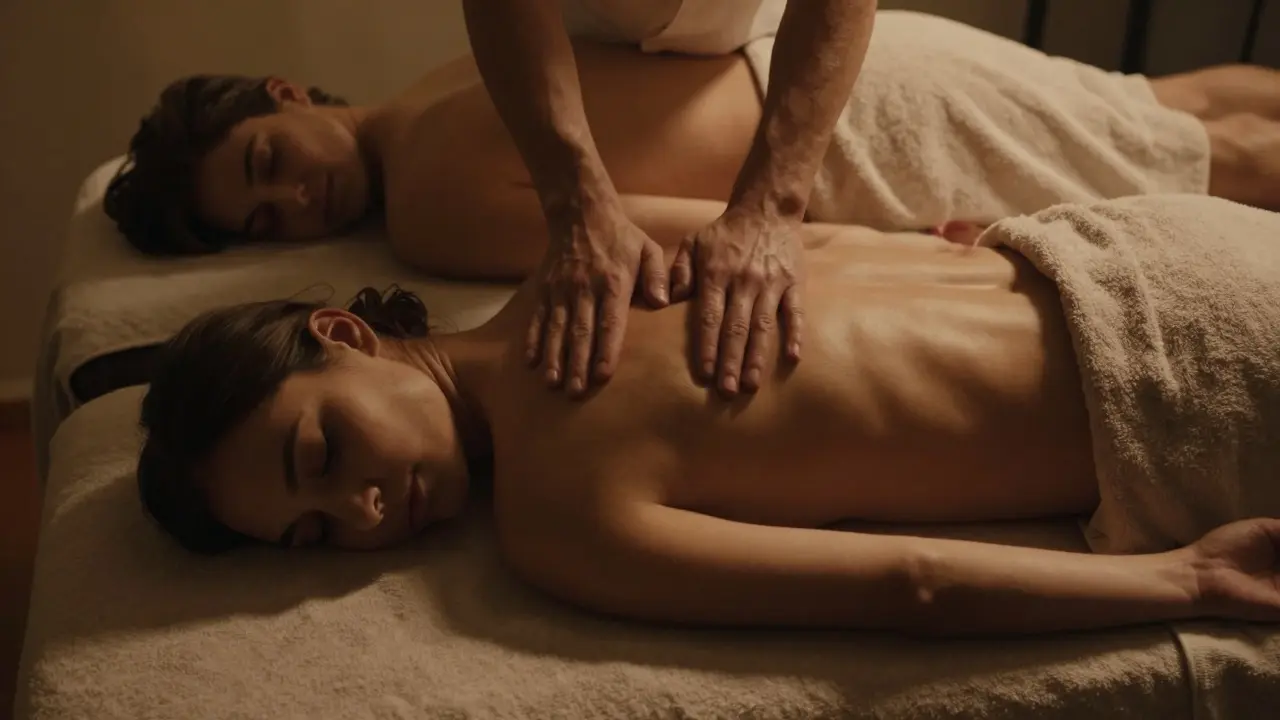 Dvojice na masážním stole: jeden masíruje druhého jemnými pohyby, oba dýchají soustředěně v klidném světle.