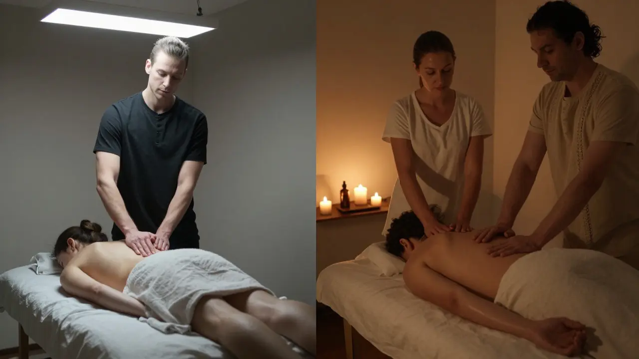 Kontrast mezi klasickou masáží v chladném prostředí a tantrickou masáží v teplém, rituálním prostředí s dvojicí masérek.
