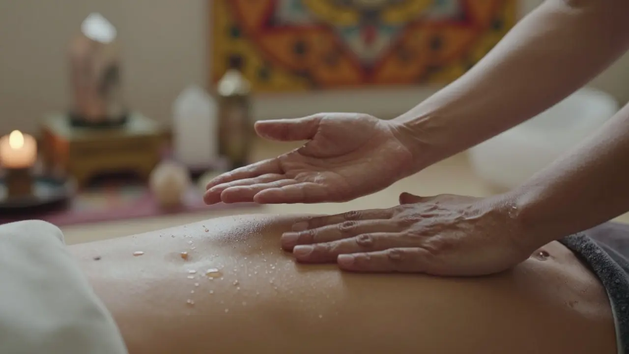 Ruce maséra provádějí energetický dotek nad tělem klienta, s jemným zábleskem oleje a rituálními prvky na pozadí.