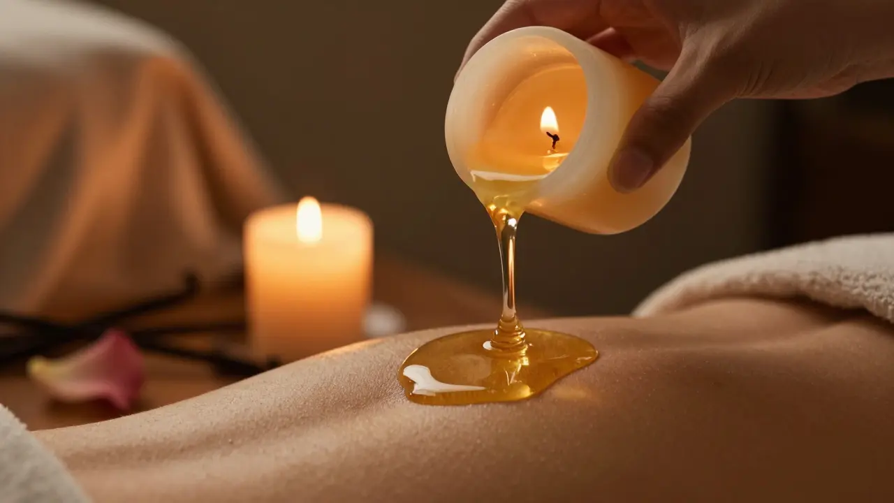 Ruka nalévá teplý masážní olej z hořící svíčky na rameno, světlo září zlatavě.