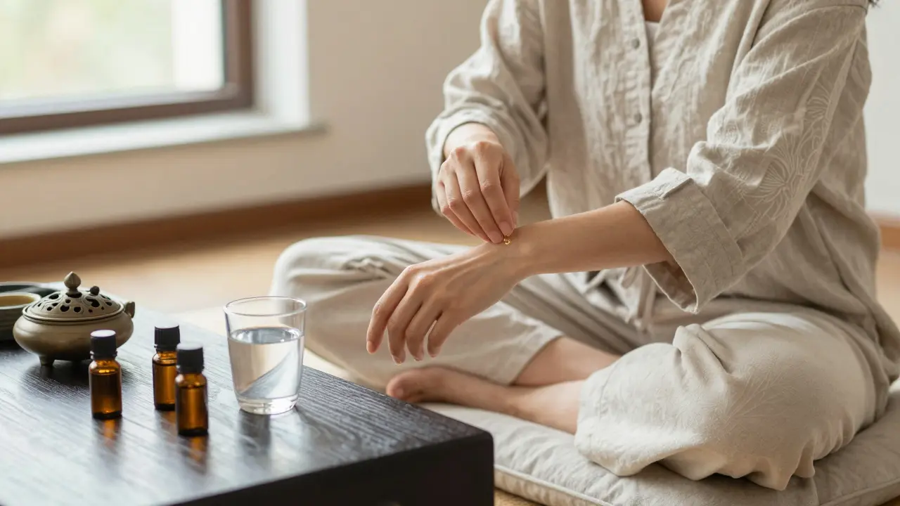 Žena testuje olej na zápěstí v klidném prostředí s přípravou pro tantrickou masáž.