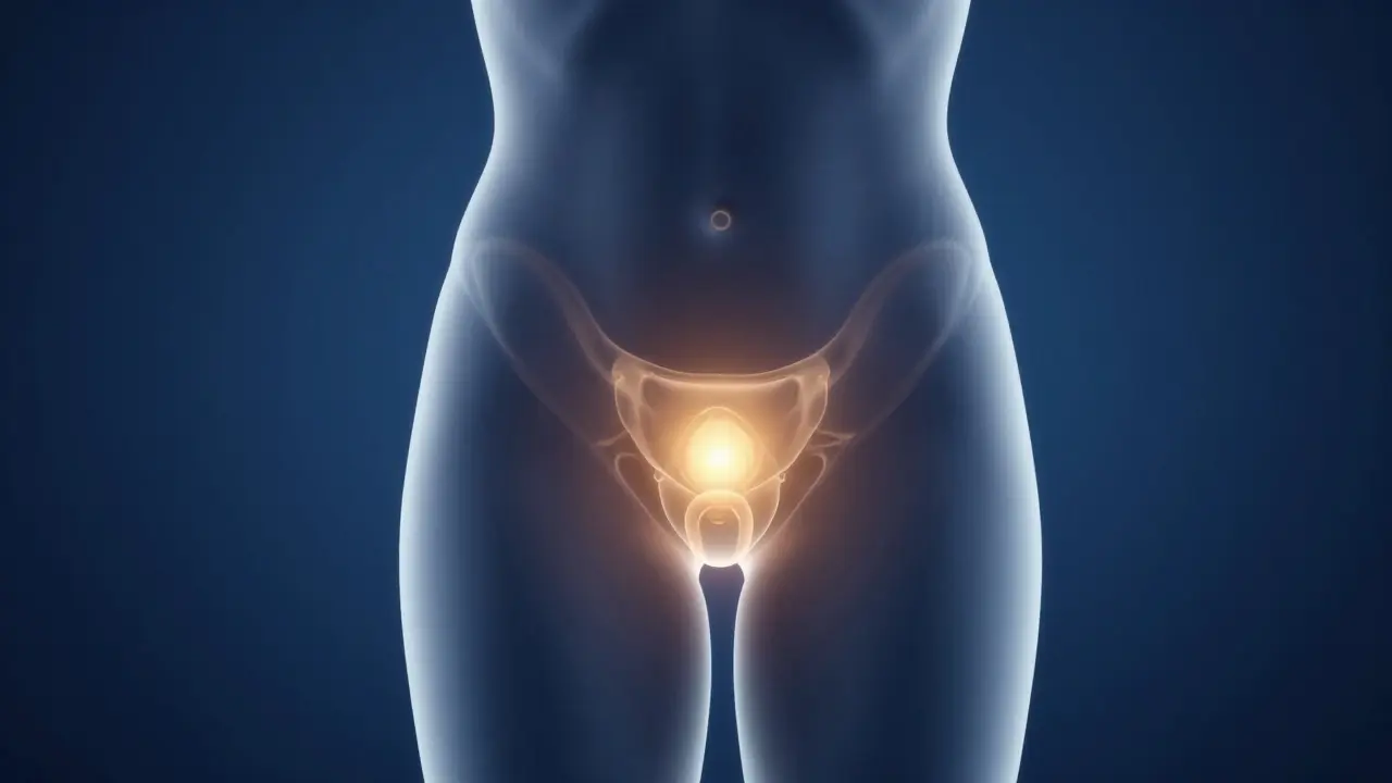 Abstraktní znázornení mužského těla s golden světlem v oblasti prostaty.