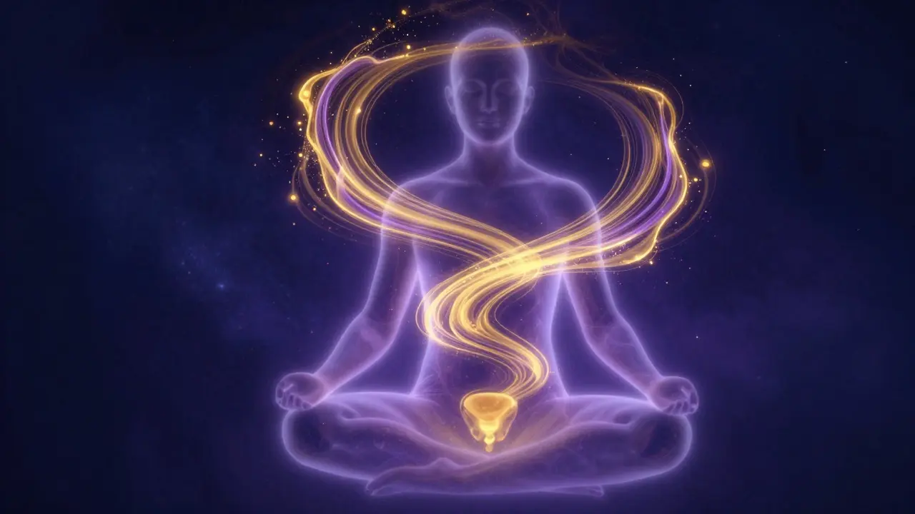 Abstraktní zobrazení proudů zlatého a fialového světla stoupajících skrz lidskou siluetu.