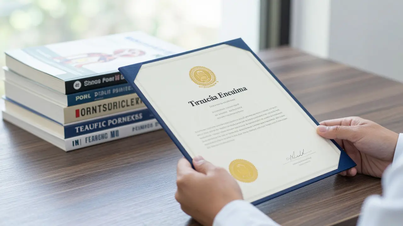 Certifikát o kvalifikaci a odborná literatura na dřevěném stole.