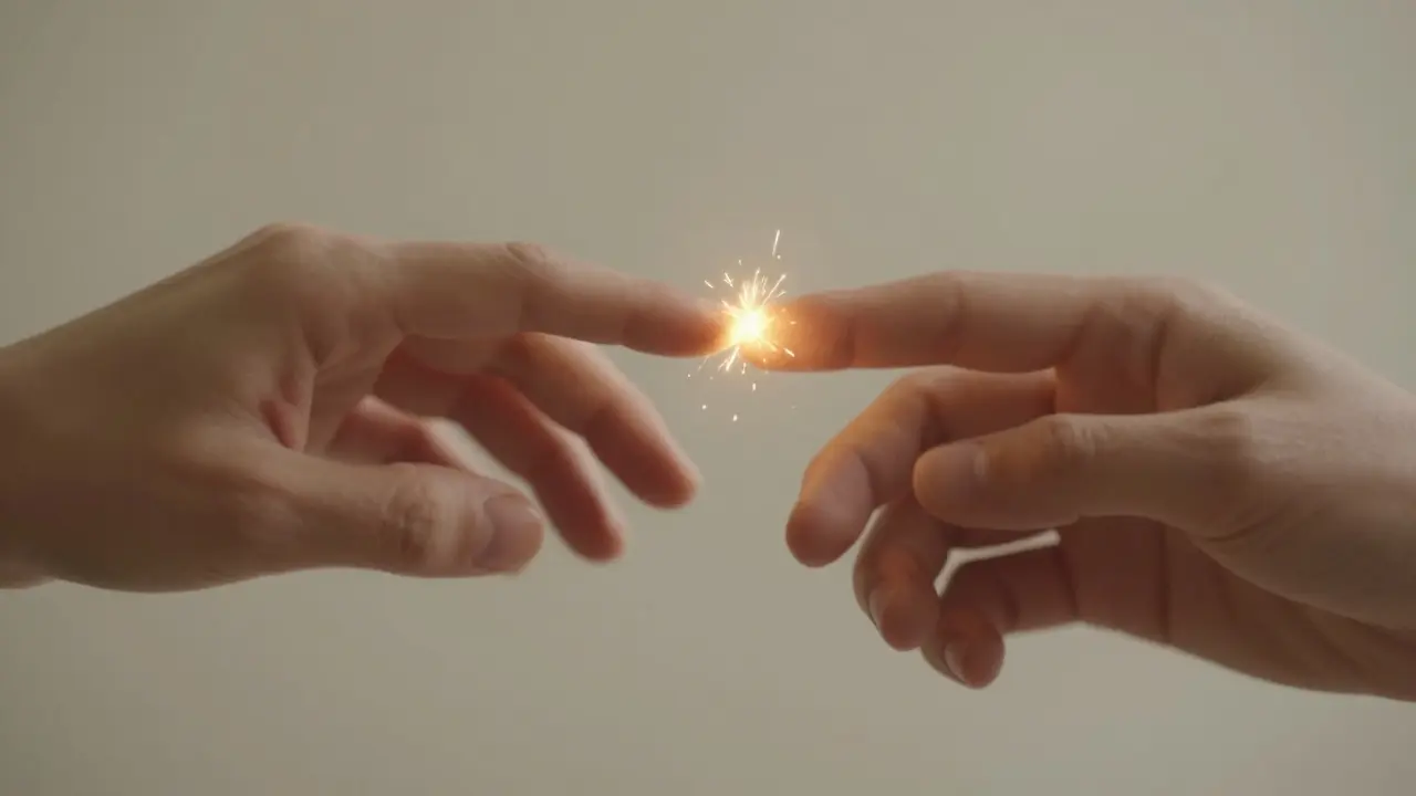 Detail dvou rukou v momentě jemného, vědomého dotyku s jemným zlatým svitem.