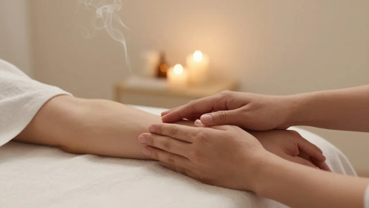Detail jemného, terapeutického dotyku v uklidňujícím wellness prostředí.
