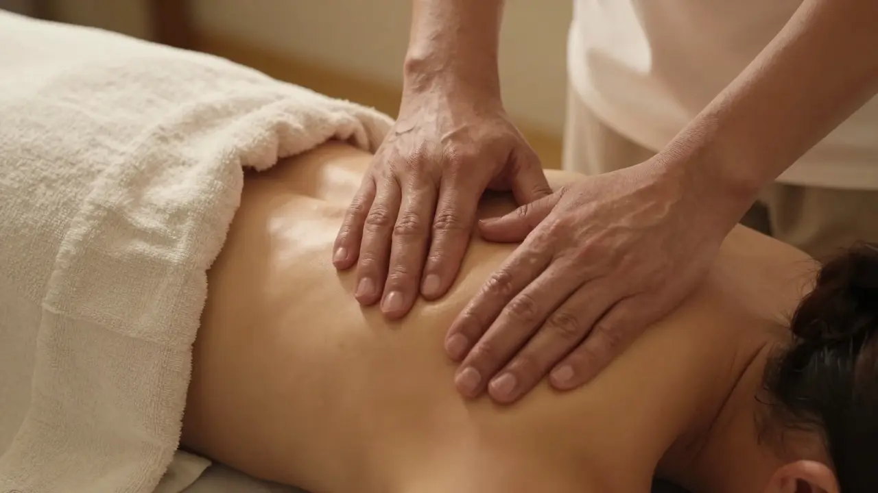 Detail rukou maséra při terapeutickém doteku s důrazem na hranice a etiku.